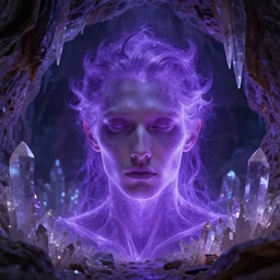 closeup portrait of an ethereal man made of purple light, divine, cyberspace, mysterious, in a cave surrounded by crystals, stalactites, rocks, art by Artgerm