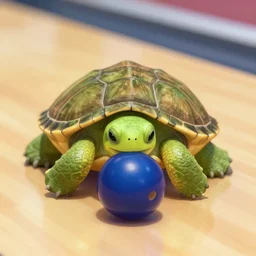 a tiny turtle eating a bowling ball