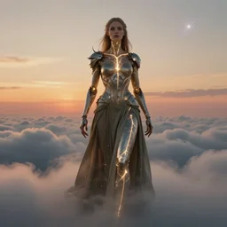 biblical beautiful female druid android assasin, bright glowing veins, in clouds, sunset, supernova, fashion posing, by gerald brom, by mikhail vrubel, by peter elson, muted colors, extreme detail, reflections, trending on artstation, 8 k