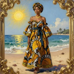 woman, dressed in ankara style, beach, sun, stylish, greg hildebrandt fancy rococo baroque regal oil painting high quality