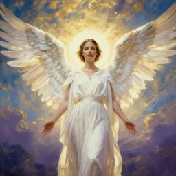 goddess, Evan Rachel Wood, pale, holy, angelic, gorgeous, full body white dress, symmetrical face, sky, high fantasy, concept art, warm lighting, analog photography, painting, gold, blue, white, purple