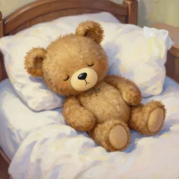 a cute teddy bear sleeping in the bed, goauche painting, deviantart