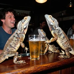flash photo of reptiles in a bar, laughing and drinking beers.