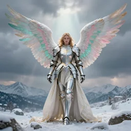 cyber full armor angel, big wings, hudson river school, full plate armor with cloth, f 1 6, bokeh, gentle, female, snowy mountain, storm clouds, god rays, landscape, d & d, fantasy, elegant, teal pink white gold color palette, concept art, roger deakins and greg rutkowski and alphonse mucha