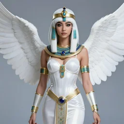 perfect white haired egyptian goddess wearing white dove wings, warframe armor, regal, attractive, ornate, sultry, beautiful, ice queen, half asian, pretty face, blue eyes, detailed, scifi platform, 4 k, ultra realistic, epic lighting, android body, illuminated, cinematic, masterpiece, art by akihito tsukushi, voidstar, artgerm