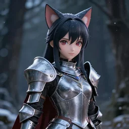 portrait focus of knight beautiful 3D anime girl, cat armor wearing, dark forest background, snowing, bokeh, inspired by Masami Kurumada, digital painting, high contrast, unreal engine render, volumetric lighting, high détail