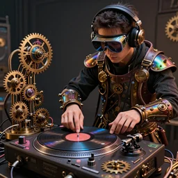 a person wearing goggles and visor and headphones using a steampunk record player contraption, wires and tubes, turntablism dj scratching, intricate planetary gears, complex, cinematic, imax, sharp focus, iridescent