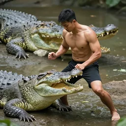 handsome and strong man on bare chest fight the giant crocodile