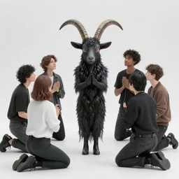 A group of millennial hipsters kneeling and worshipping before a satanic goat-person in the style of Corporate Memphis, Alegria style, Buck Studios artwork, gradients, simple, minimalist