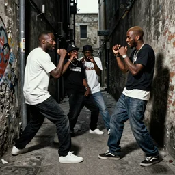 hip - hop rappers in a brawl in a dark alley in the style of jean - leon gerome