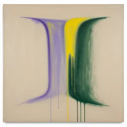 minimalistic abstract painting in shape of waterfall, in purple, yellow, dark green, beige, by hernan bas and pat steir and hilma af klint, psychological, photorealistic, dripping paint, washy brush, oil on canvas, rendered in octane, altermodern, masterpiece