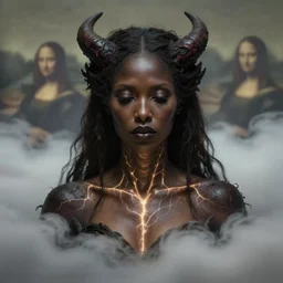 biblical daemonic black woman in the clowds, glowing veins, rule of thirds, close - up, portrait by greg hildebrandt, studio lighting, muted colors, by terry richardson, by leonardo davinci, by beeple, ultrarelistic, extreme detail, caustics, trending on artstation, 8 k, octane renderer, rtx on