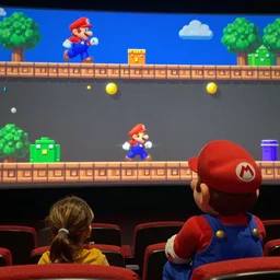 level 1 of the original super mario bros. being played at a drive - in movie theater, movie still