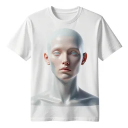 product photo of a tshirt with a hyperdetailed portrait of a futuristic trippy smiling robot head, 8 k, symetrical, flourescent mulicolored, halluzinogenic