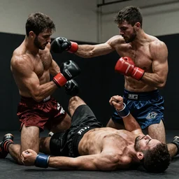 Two handsome shirtless men fight and one is knocked out realistic