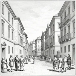 the tragicomedy of the renaissance city, urban street scene in linear perspective by sebastiano serlio, line drawing 1 5 3 6, architectural treatise, super detailed