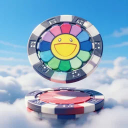 a close up of poker chip flying above the clouds by takashi murakami, beeple and james jean, aya takano color style, 4 k, super detailed, modern, 4 k, symmetrical