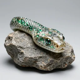 snake head carved on a rock, green crystals as the eyes, photorealistic, studio photograph, studio lighting, jewel