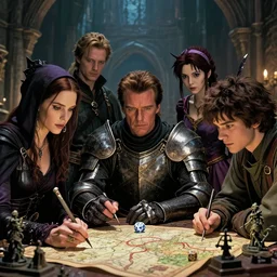 film still dnd movie, kate beckinsale as thief, arnold schwarzenegger as paladin, liv taylor as mage, justim timberlake as bard, they play in dnd with gm screen, dices, map and miniatures, finely detailed features, closeup at the faces, perfect art, at an ancient city, gapmoe yandere grimdark, trending on pixiv fanbox, painted by greg rutkowski makoto shinkai takashi takeuchi studio ghibli, akihiko yoshida