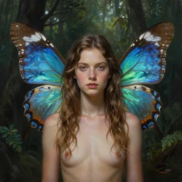 full body portrait of brooke monk with two butterfly wings, ultra realistic. elegant, highly detailed, digital painting, detailed face, 8 k, forest background. artstation, ultra realistic. elegant, artstation, in the style of artgerm, donato giancola, joseph christian leyendecker, wlop and boris vallejo
