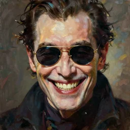 portrait of an evil man with sunglasses, evil smile, in the style of roger deakins, james jean, oil painting, realistic