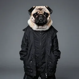 portrait of a pug as a rick owens model, darkwear, techwear, rick owens, y 3, yohji yamamoto, goth pug, photo