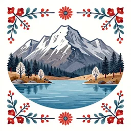 scandanavian folk art of a mountain and lake in early spring