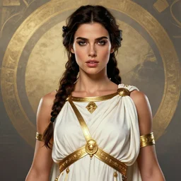 portrait of lara croft as palas athena, the greek goddess of wisdom and war, rossdraws, ilvya kuvshinov, intricate, elegant, long dark hair, juicy lips, perfect symmetrical face, luxurious white robes and golden jewelry on her, stylized background, matte painting, maya, pixar, cinematic lighting, artstation, highly detailed, masterpiece, epic
