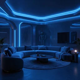 futuristic looking living room, blue neon lights, contrasted, dark ambient, octane render