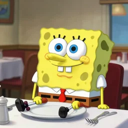spongebob in real life at an italian restaurant, in 2 0 1 2, bathed in the the glow of a crt television, royalcore, low - light photograph, photography by tyler mitchell