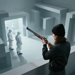 mixed woman wearing a black beanie and black bomber jacket holds a shotgun, shootout with scientists wearing hazmat suits, underground lab, MC Escher style architecture, sterile, unknown location, photo taken from above, light and shadows, unreal engine, concept art