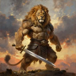 oversized muscular lion as barbarian with chest armor and sword in epic pose , very textured detailed oil painting panoramic backlight portrait by rembrandt, backlight, dramatic clouds ,sunset