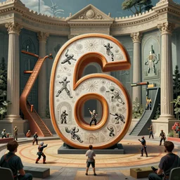 huge bold beautiful number 6 in the middle of the ninja warrior competition set , hyper-realistic, ultradetails, intricate by mc esher and René Magritte