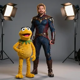 studio portrait still of muppet!!!!! hawkeye from avengers infinity war!!!!!! from avengers infinity war as a muppet muppet as a muppet, 8 k, studio lighting, key light,