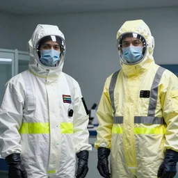 two scientists wearing high viz rick owens hazmat suits with their hands in their pockets escaping the glowing geometric vortex by frank frazetta