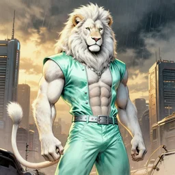 aesthetic portrait commission of a of a male fully furry muscular anthro albino lion with a tail and a beautiful attractive hyperdetailed face wearing stylish and creative mint outfit made out of silk in a sci - fi dystopian city at golden hour while it storms in the background. character design by dayer, diego 5, detailed, inked, western comic book art, award winning film poster painting