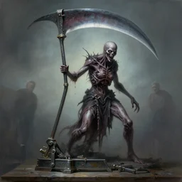 airbrushed awful ischemic terror scythe angled machine by jack kirby, ditko, philippe druillet, fine art masterpiece baked at 3 0 0 f, matte painting, muted color, cold lighting, aged with sunlight, award winning horror wraparound, photorealistic render, cinematic