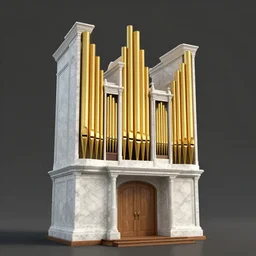 a detailed render of an isolated lonely marble pipe organ in a church, with large golden pipes, trending on artstation, render, 3 d, octane, 4 k, 8 k, unreal engine, cinema 4 d