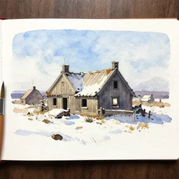 small centered on watercolor paper, paint brush strokes, abstract watercolor painting of ancient viking house ruins in snow, daylight, blue sky, cinematic light, national romanticism by hans dahl, by jesper ejsing, by anders zorn, by greg rutkowski, by greg manchess, by tyler edlin