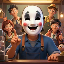 portrait of a cinematic still of miyamotoas as the happy mask salesman, art by lois van baarle and loish and ross tran and rossdraws and sam yang and samdoesarts and artgerm and saruei and disney, digital art, highly detailed, intricate, sharp focus, trending on artstation hq, deviantart, 4 k