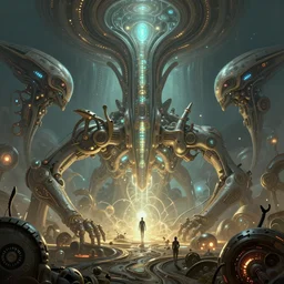 symmetry!! alien landscape of glowing alien technology in the style of horizon zero dawn, machine parts everywhere, intricate, elegant, highly detailed, digital painting, artstation, concept art, smooth, sharp focus, illustration, art by artgerm and greg rutkowski and alphonse mucha, 8 k