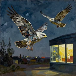 night hawks, painting by shaun tan, detailed, intricate, torn paper decollage, low poly, oil on canvas by edward hopper, ( by mattias adolfsson ), by moebius