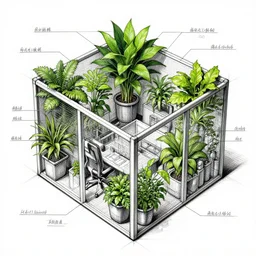 annotated highly, detailed and intricate, sketch of a cubicle full of green plants, marker concept art style rendering, concept art, half blueprint, trending on artstation, intricate details, center frame, annotations