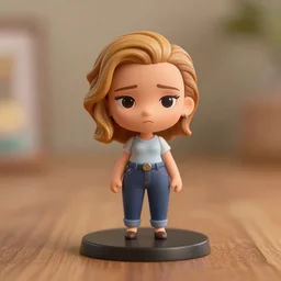 scarlett johansson figurine by pixar sad bokeh on wooden table.