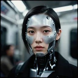 close - up portrait of cyberpunk cyborg girl with face armour, in a futuristic subway, richard avedon, tri - x pan