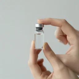a hand holding a small medicine bottle between index finger and thumb