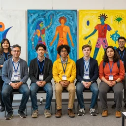 a group a daemons at a conference on moral bioenhancement, artistic composition, vivid, bright colours
