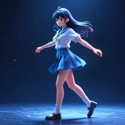 hd 3d render of anime style teenager girl doing moonwalk with dynamic lighting, blue tint, vray render