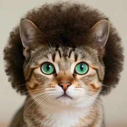 a cute cat with large green eyes with a huge afro on its head, by aaron blaise