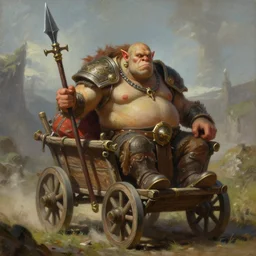 painting of fat orc riding in a slapdash wooden cart holding a lance, fantasy art, magic : the gathering art, by diterlizzi